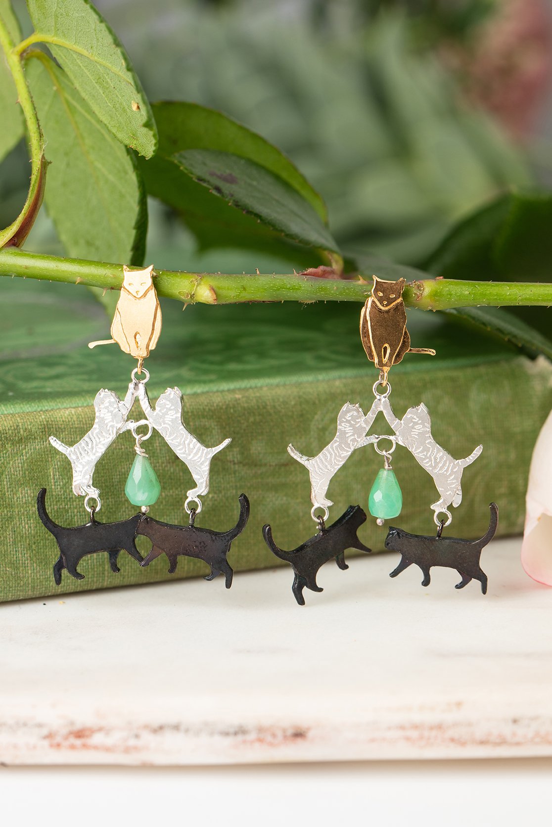 Silver, black, and gold handmade cat earrings