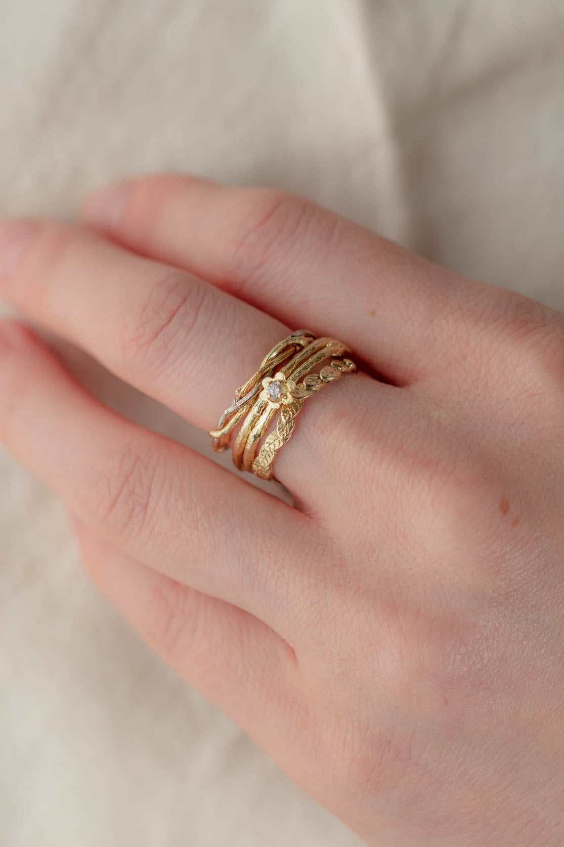 Twig Ring With Three Twisted Twigs In Solid 18ct Yellow, White And Rose Gold