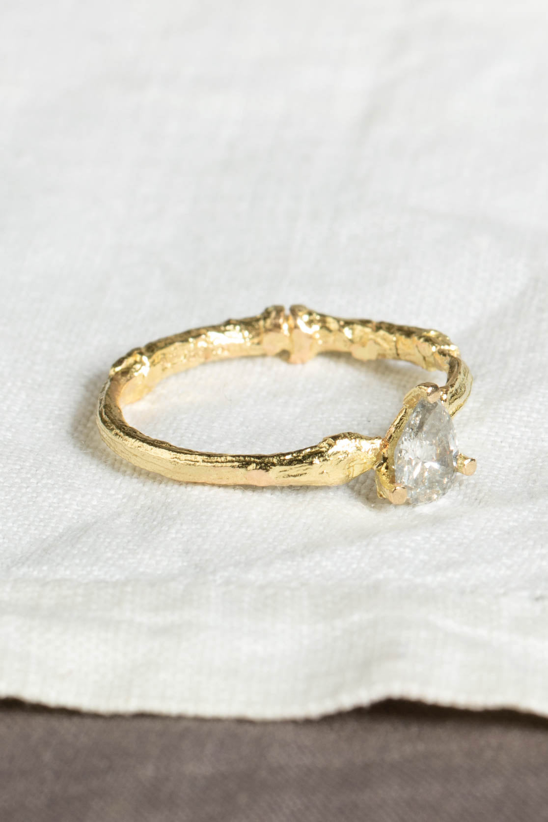 Handmade Solid Gold Twig Ring With Pear Shaped Diamond