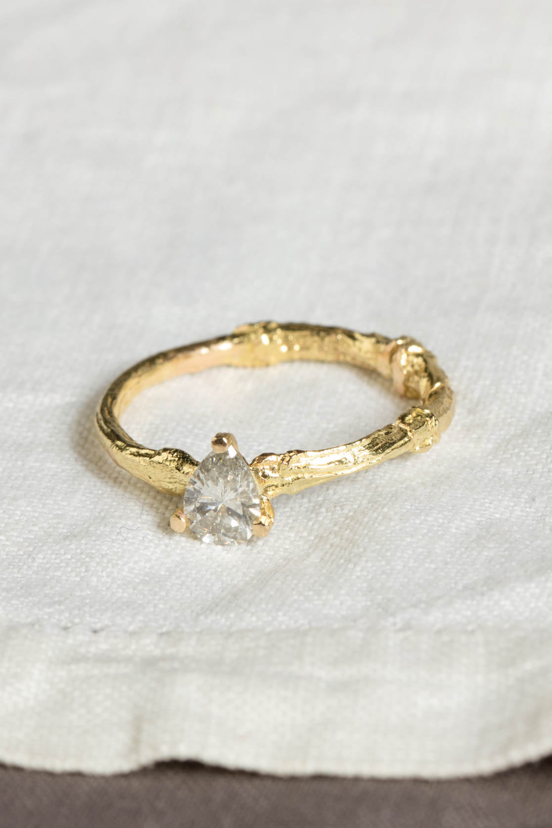 Handmade Solid Gold Twig Ring With Pear Shaped Diamond