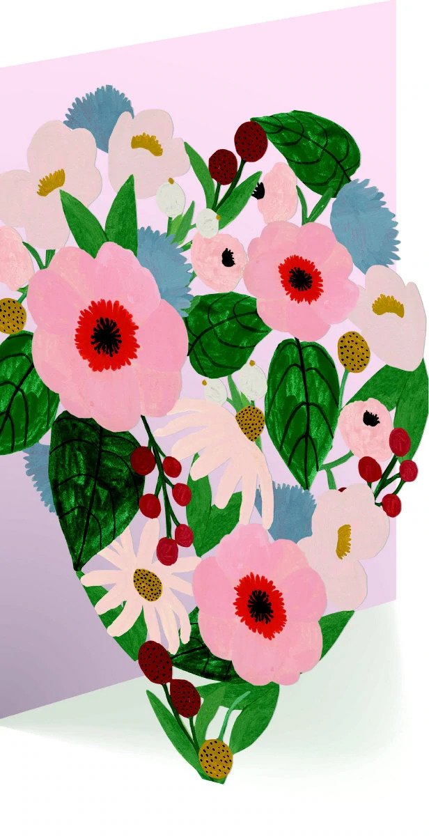 Valentines Day card with oink flowers and leaves on front cover