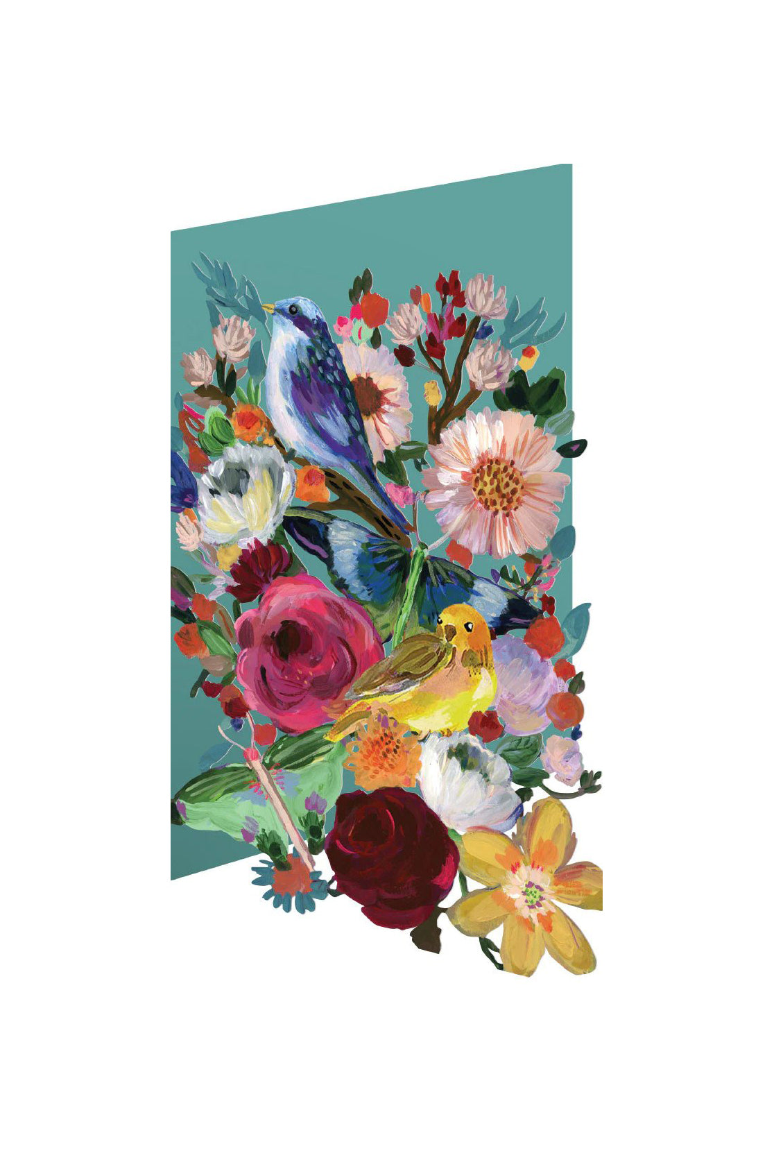 Laser cut card with blue background and flower and bird images 