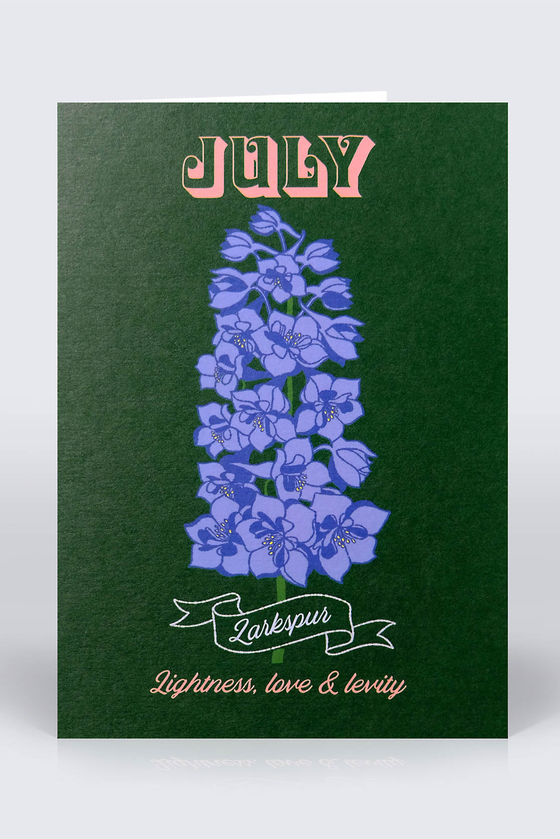 Dark green July birthday card with larkspur flower on the front cover