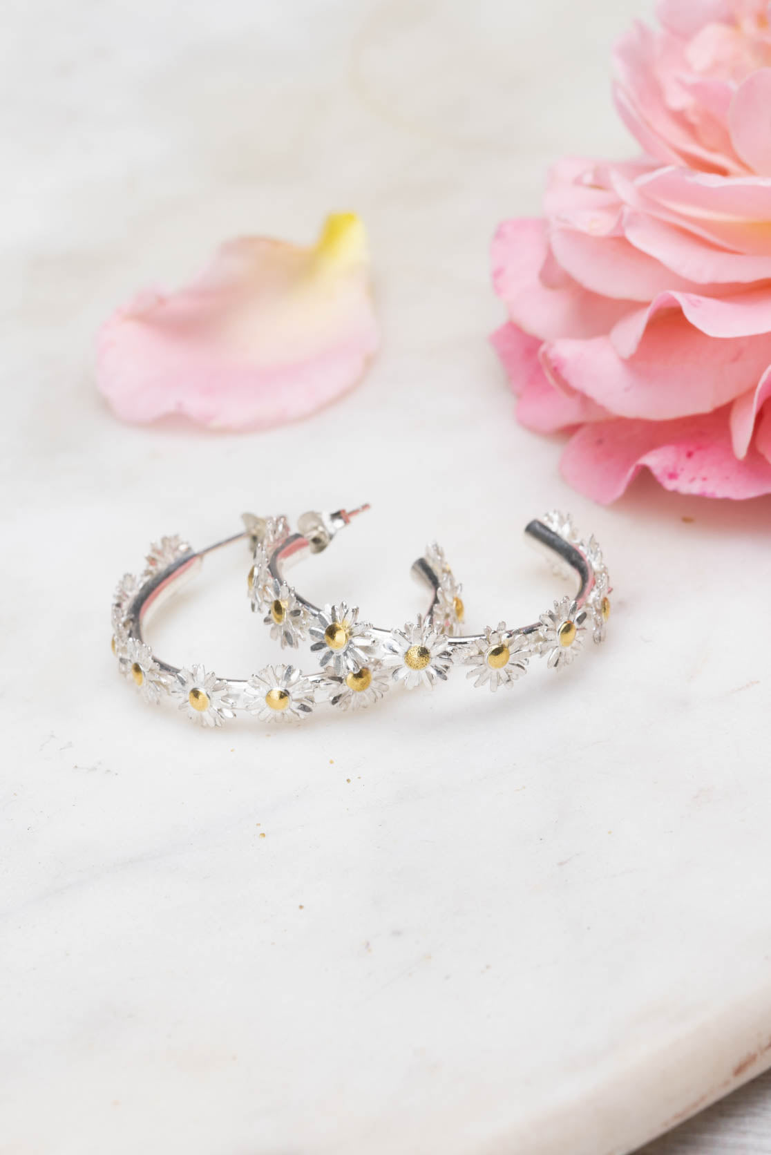 Daisy Statement Hoop Earrings In Sterling Silver With 9ct Gold