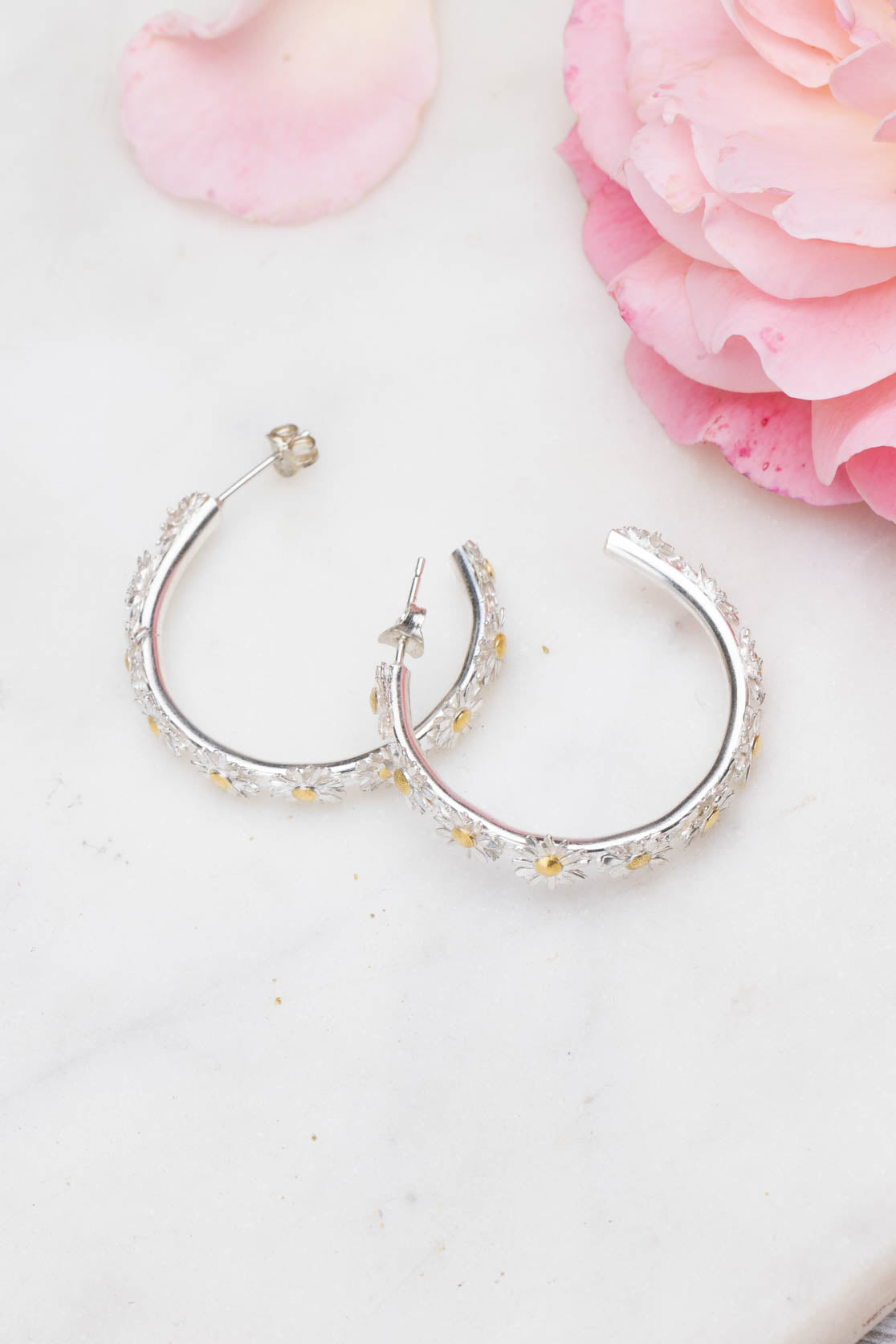 Daisy Statement Hoop Earrings In Sterling Silver With 9ct Gold