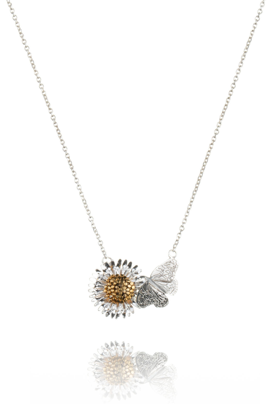 Butterfly And Daisy Necklace in sterling silver and gold