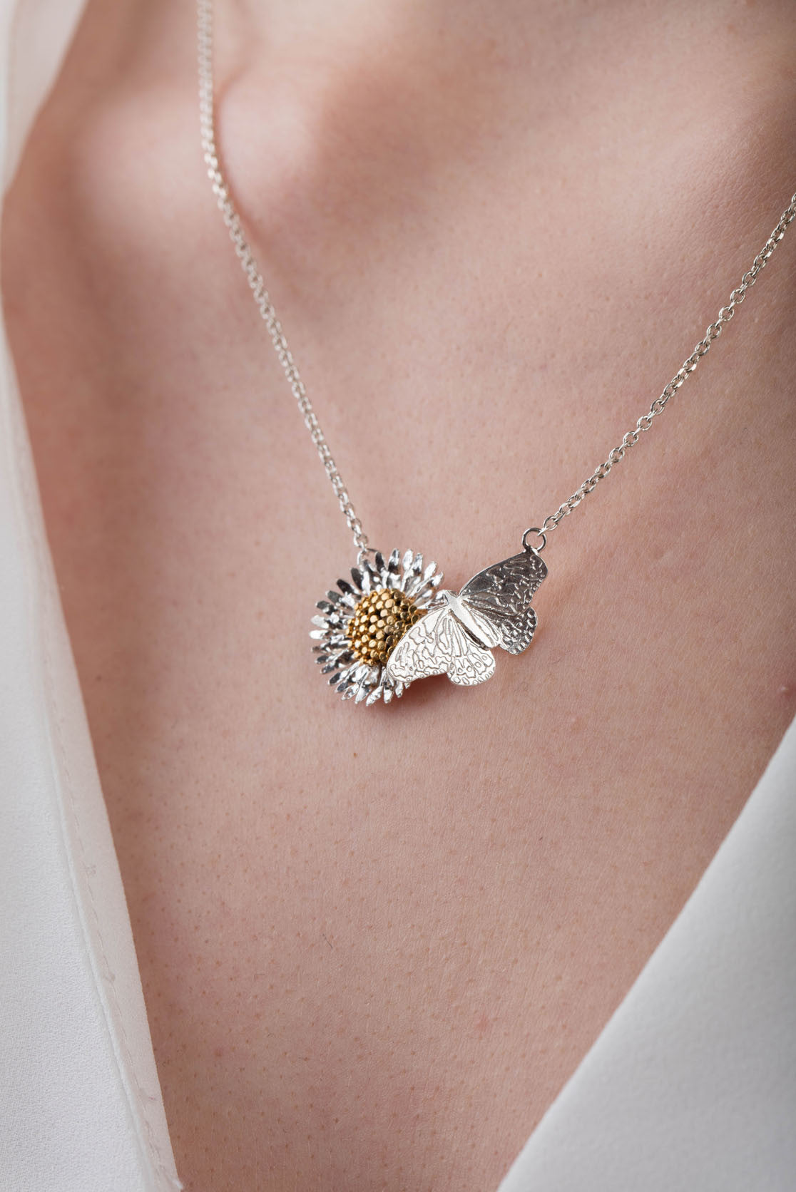 Butterfly And Daisy Necklace in sterling silver and gold