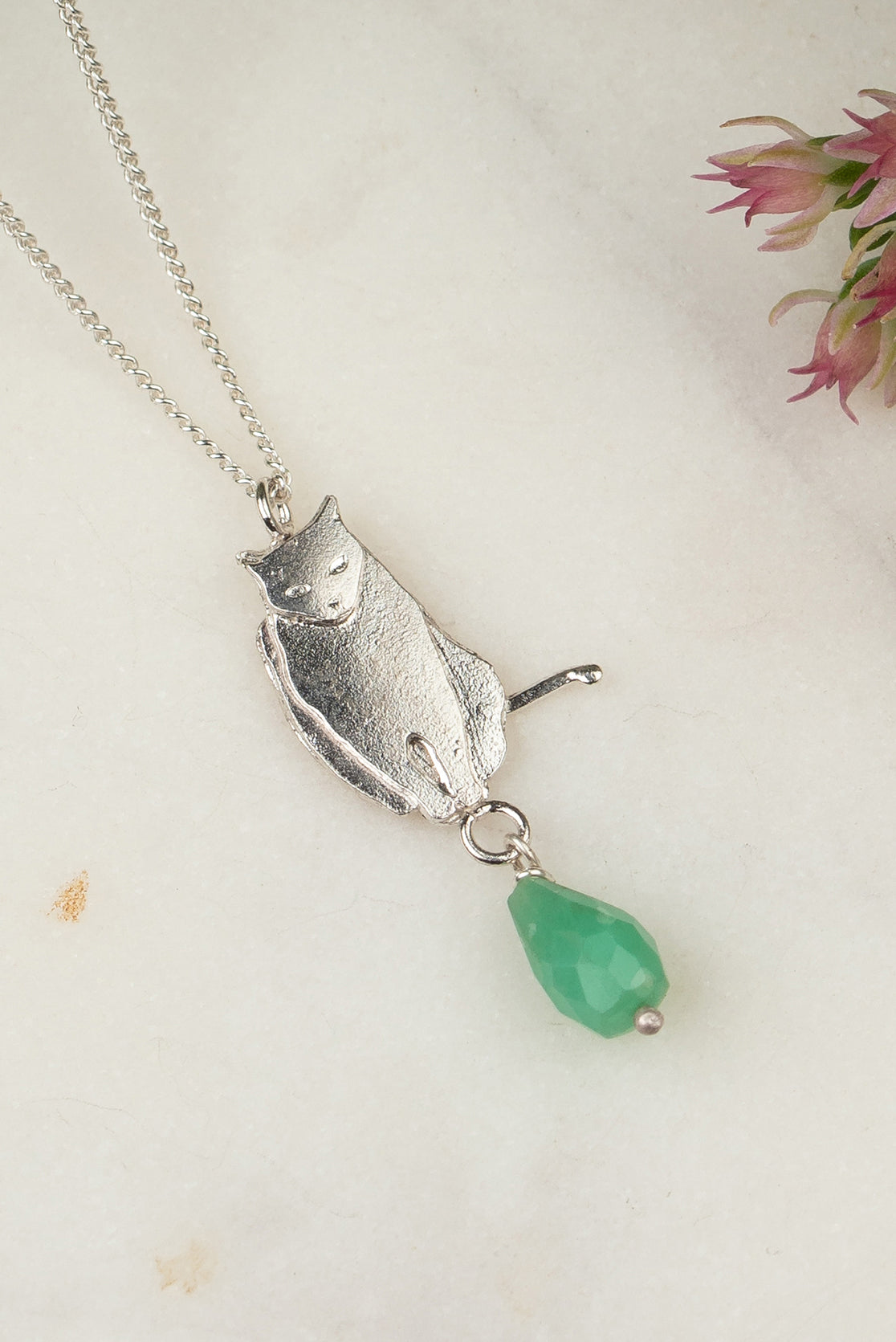 Sitting Cat Necklace With Chrysoprase Briolette In Silver, Goldplate Or Black