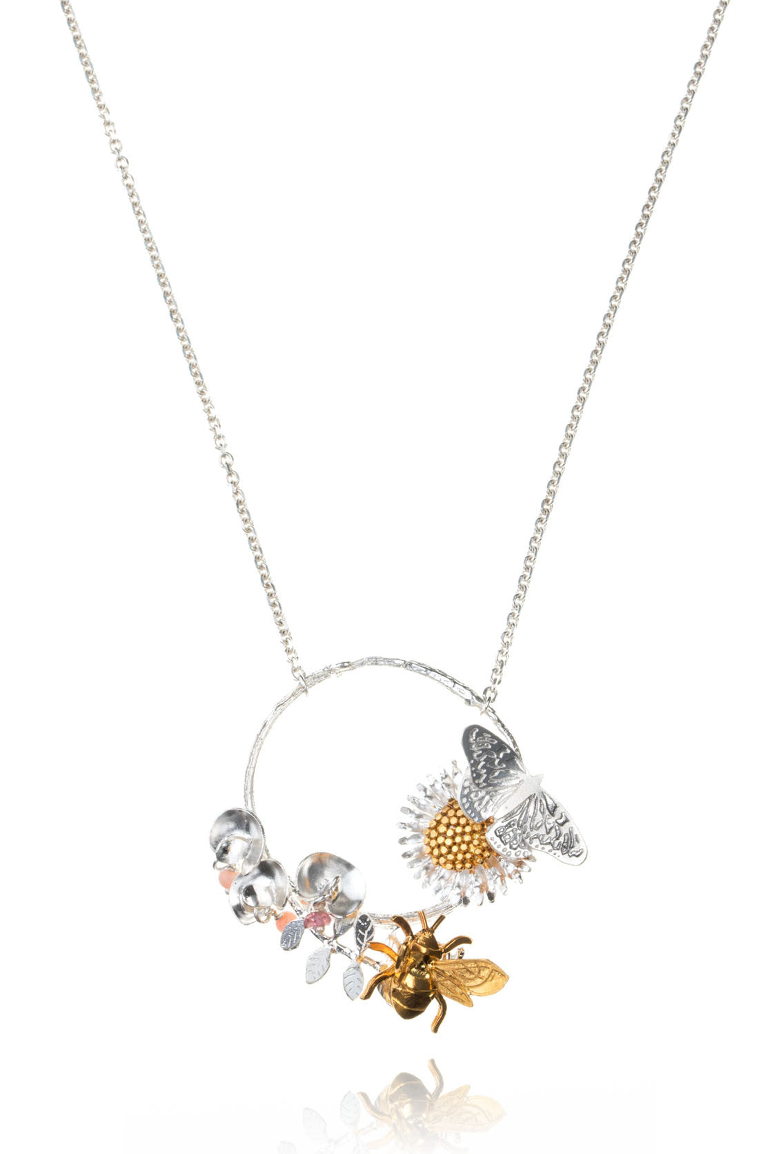 Sweet Pea, Bee, Butterfly And Daisy Statement Necklace in Sterling Silver And Goldplate
