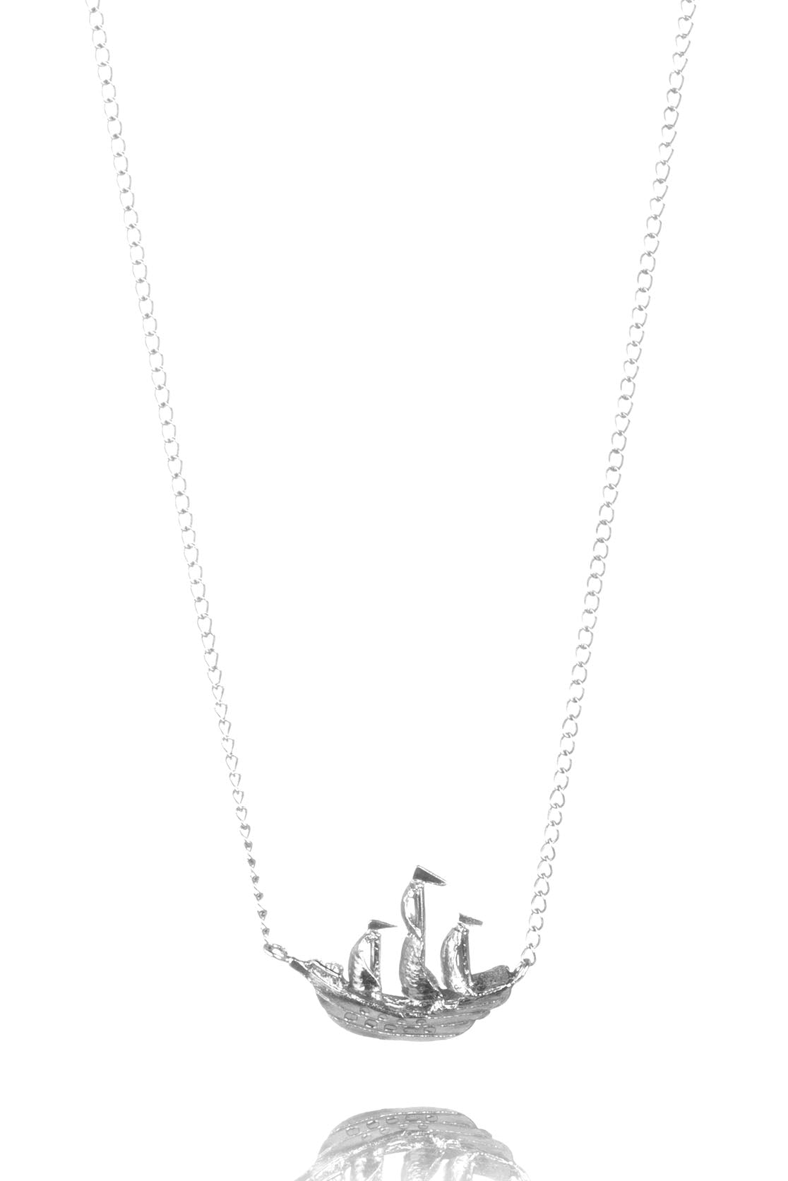 Solid sterling silver ship necklace on a white background