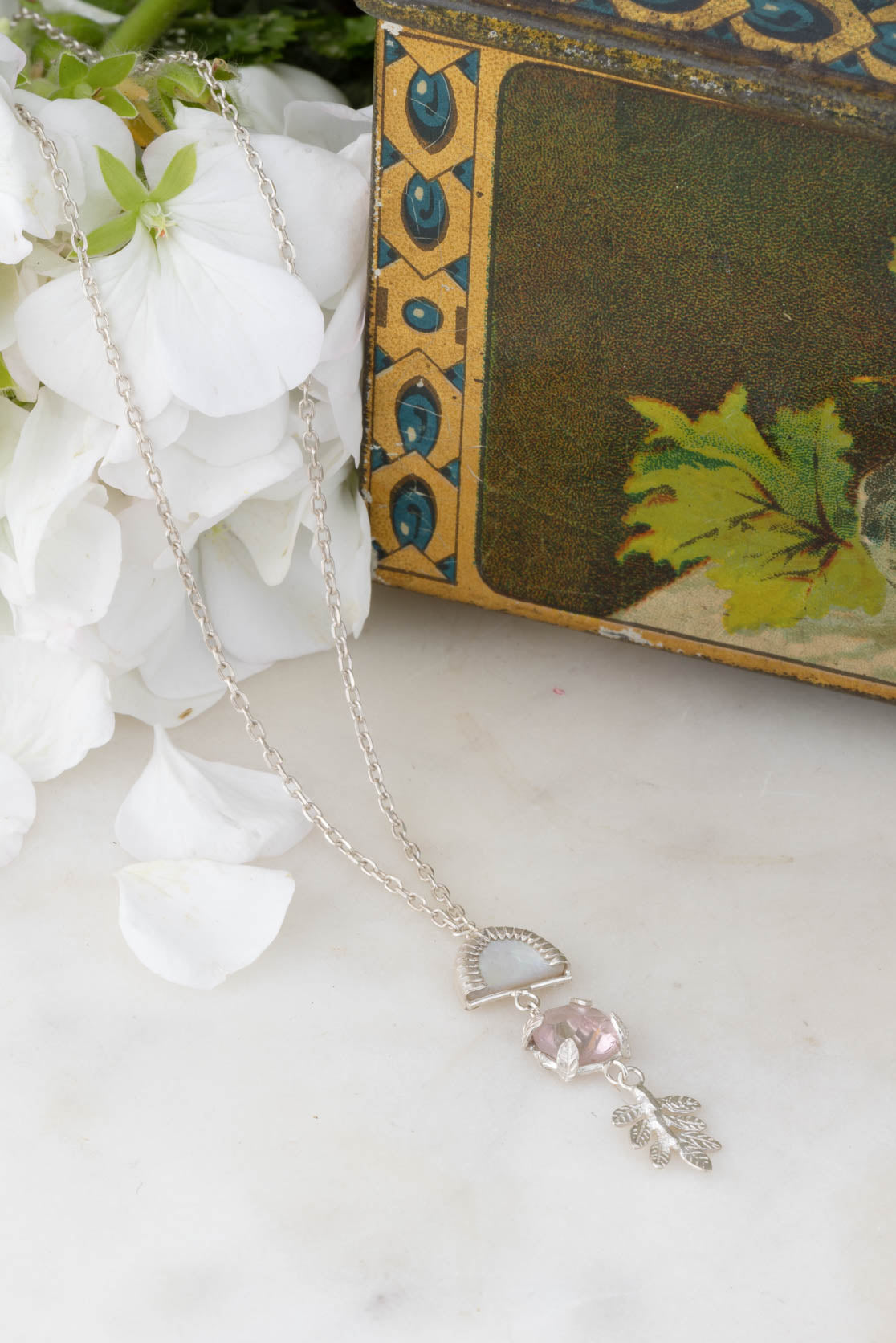 Botanical Drop Necklace- pink tourmaline and mother of pearl
