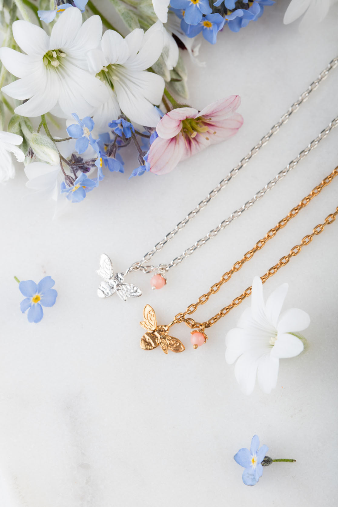 Sterling Silver or Gold Mini Bee Necklace With Pink Flower