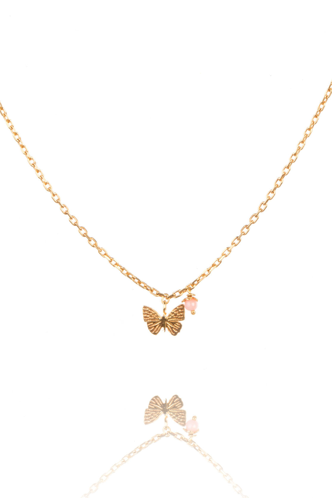 Sterling Silver or Gold Tiny Butterfly Necklace With Pink Flower
