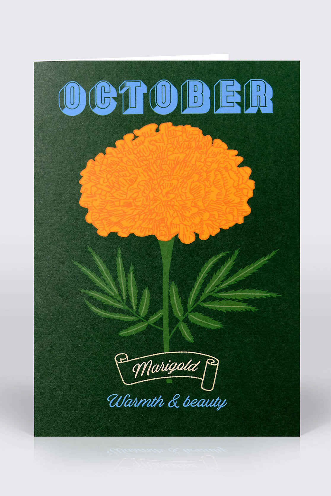 Dark green birthday card with bold October lettering and yellow marigold flower