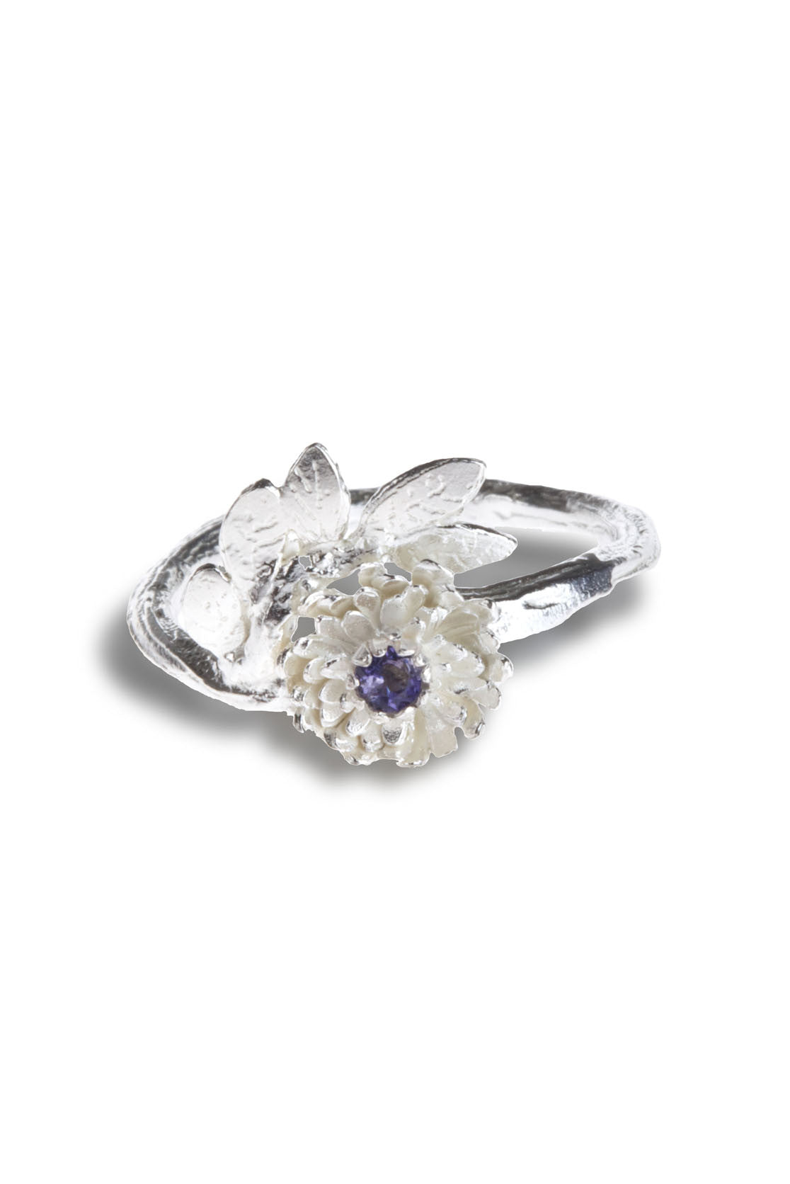 Silver dahlia flower ring 