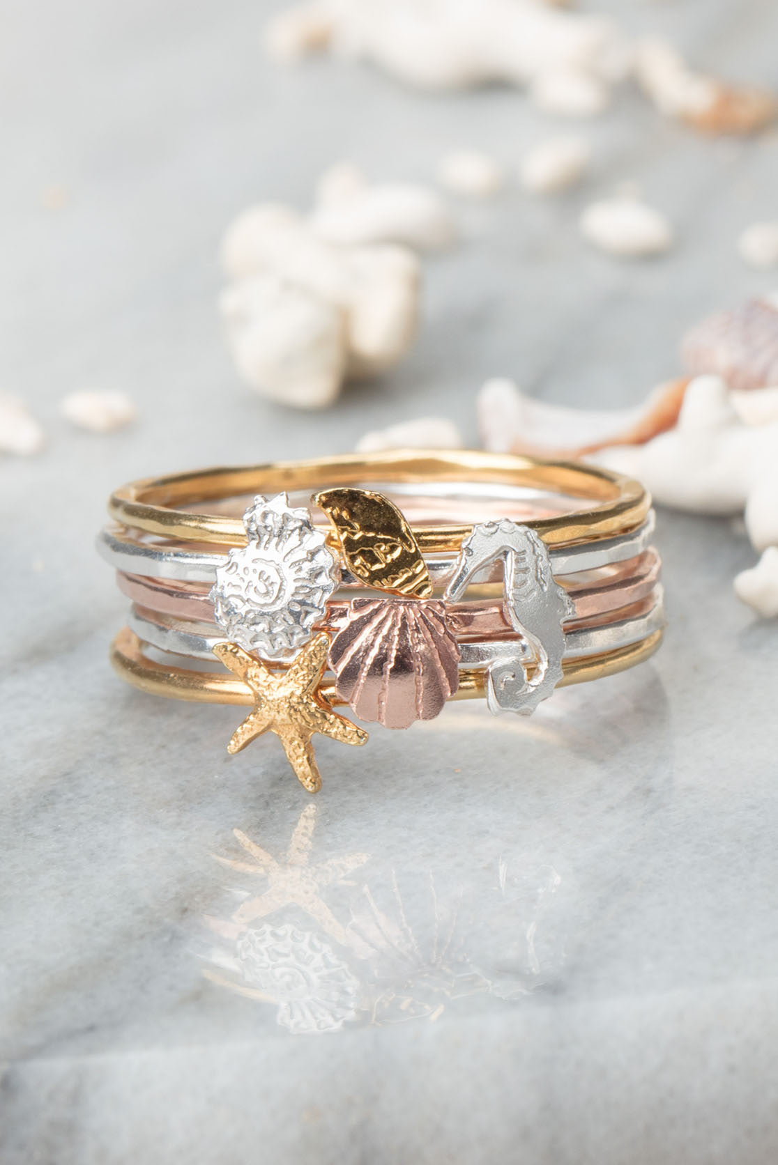 Handmade stacked ring with sea creatures