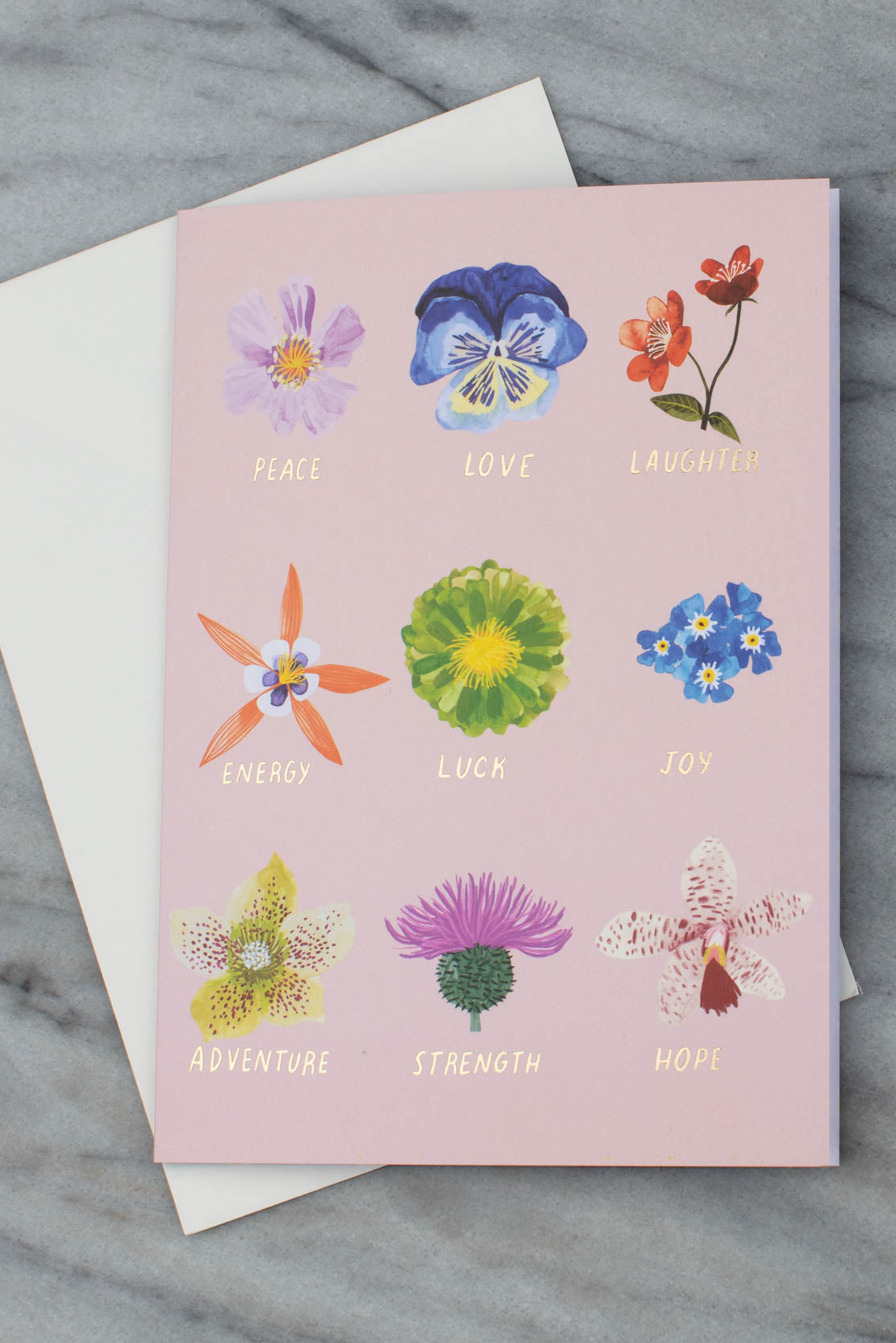 Pink greetings card with cute flower illustrations and a white envelope