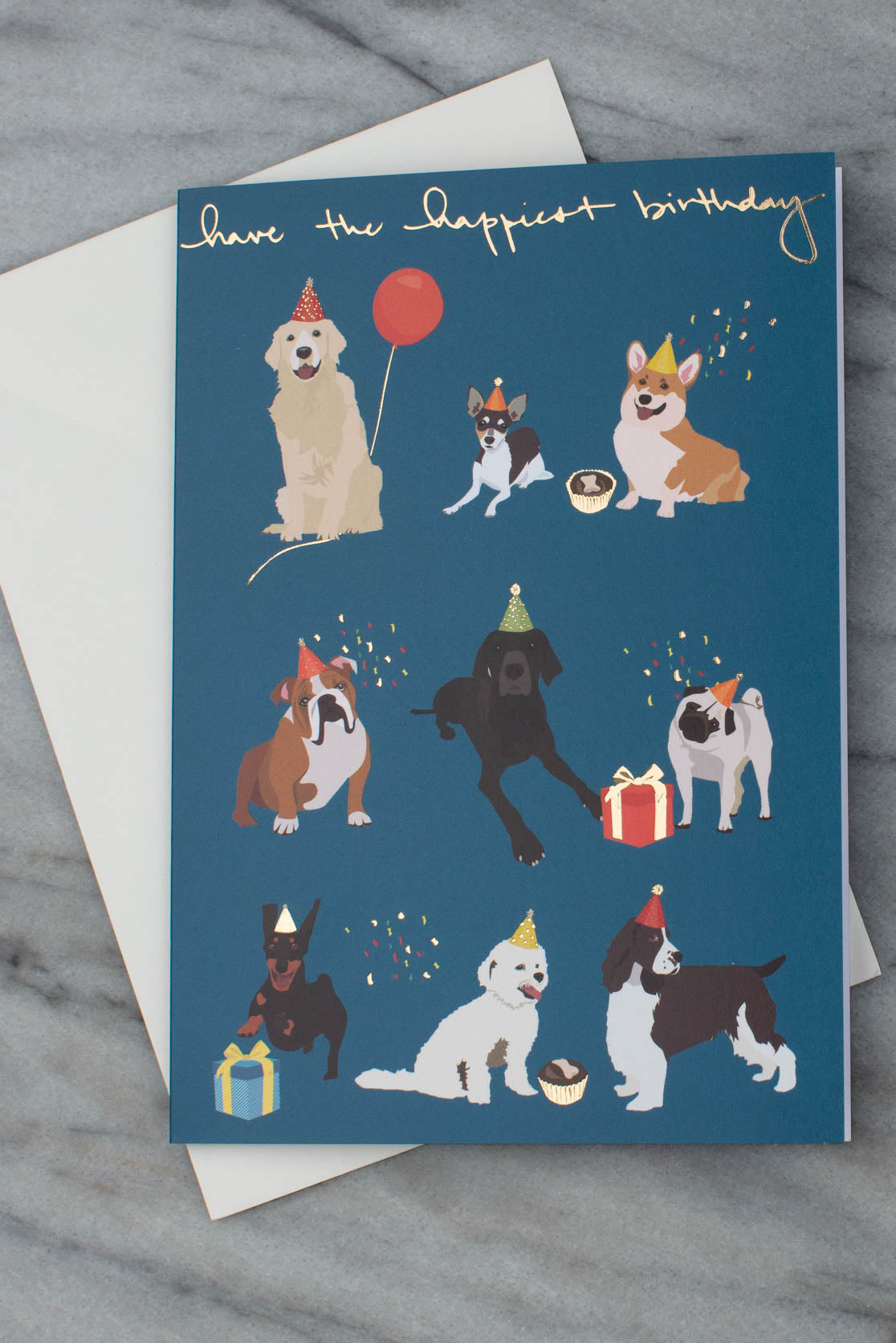 Blue dog birthday card with white envolope