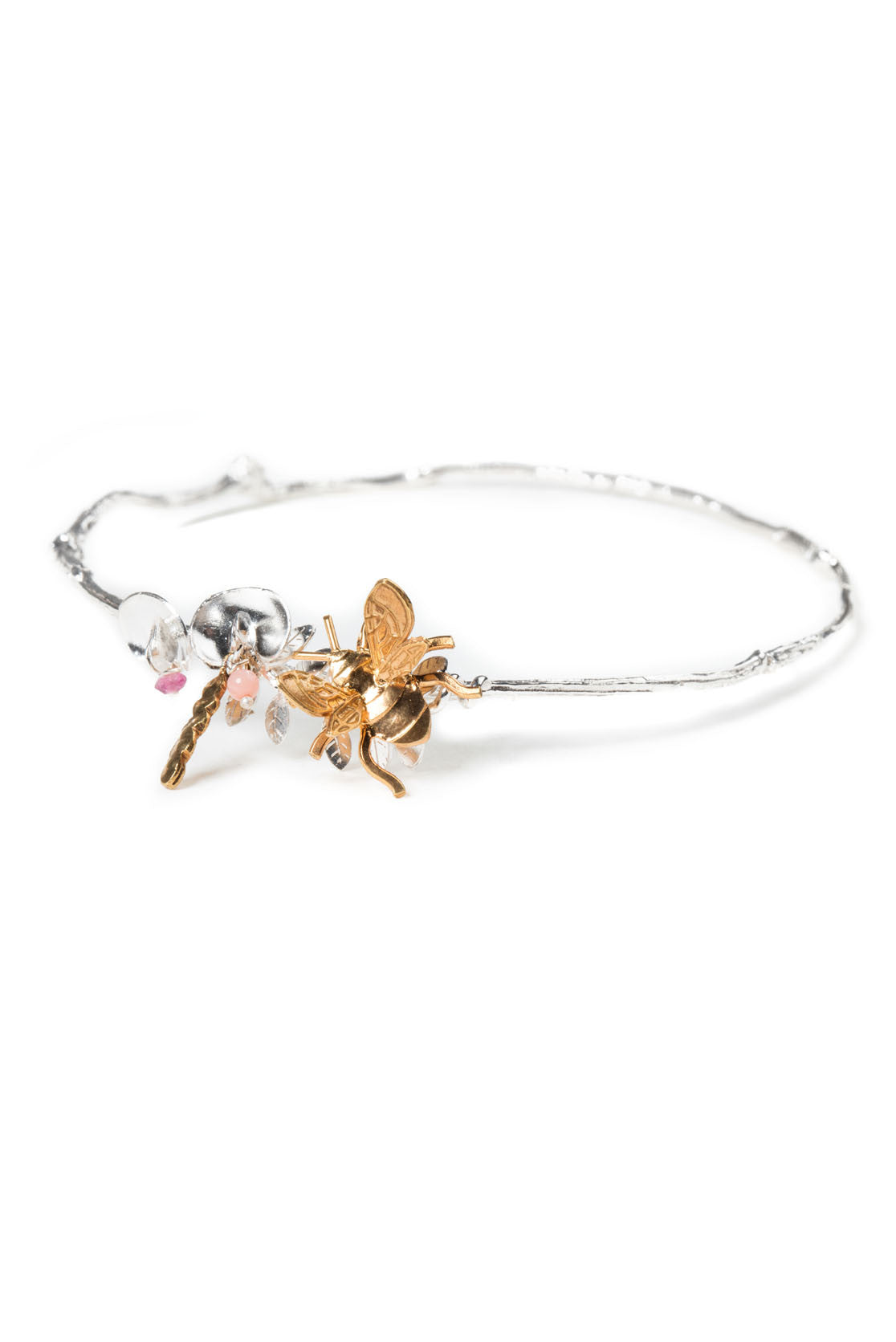 Sweet Pea And Bee Bangle In Sterling Silver and Gold