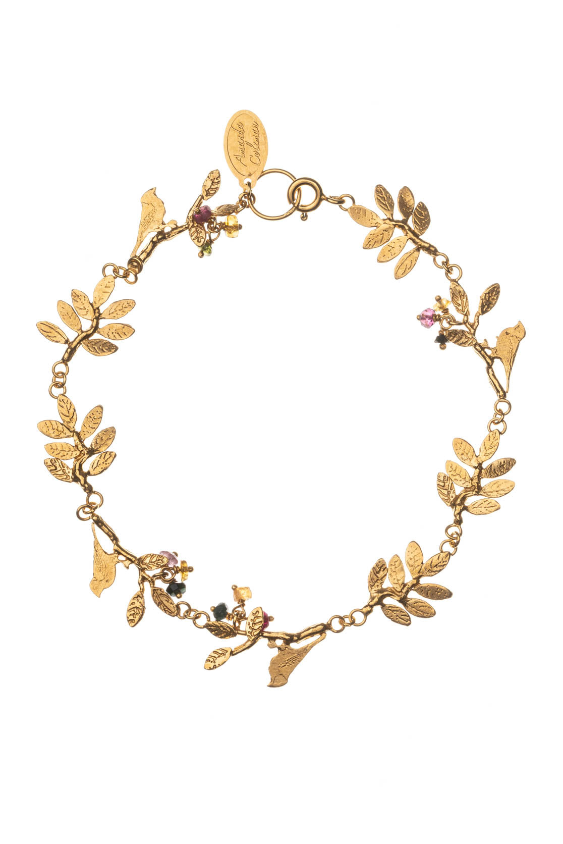 Gold Vermeil Tiny Bird Bracelet  with detailed foliage and tourmaline berries