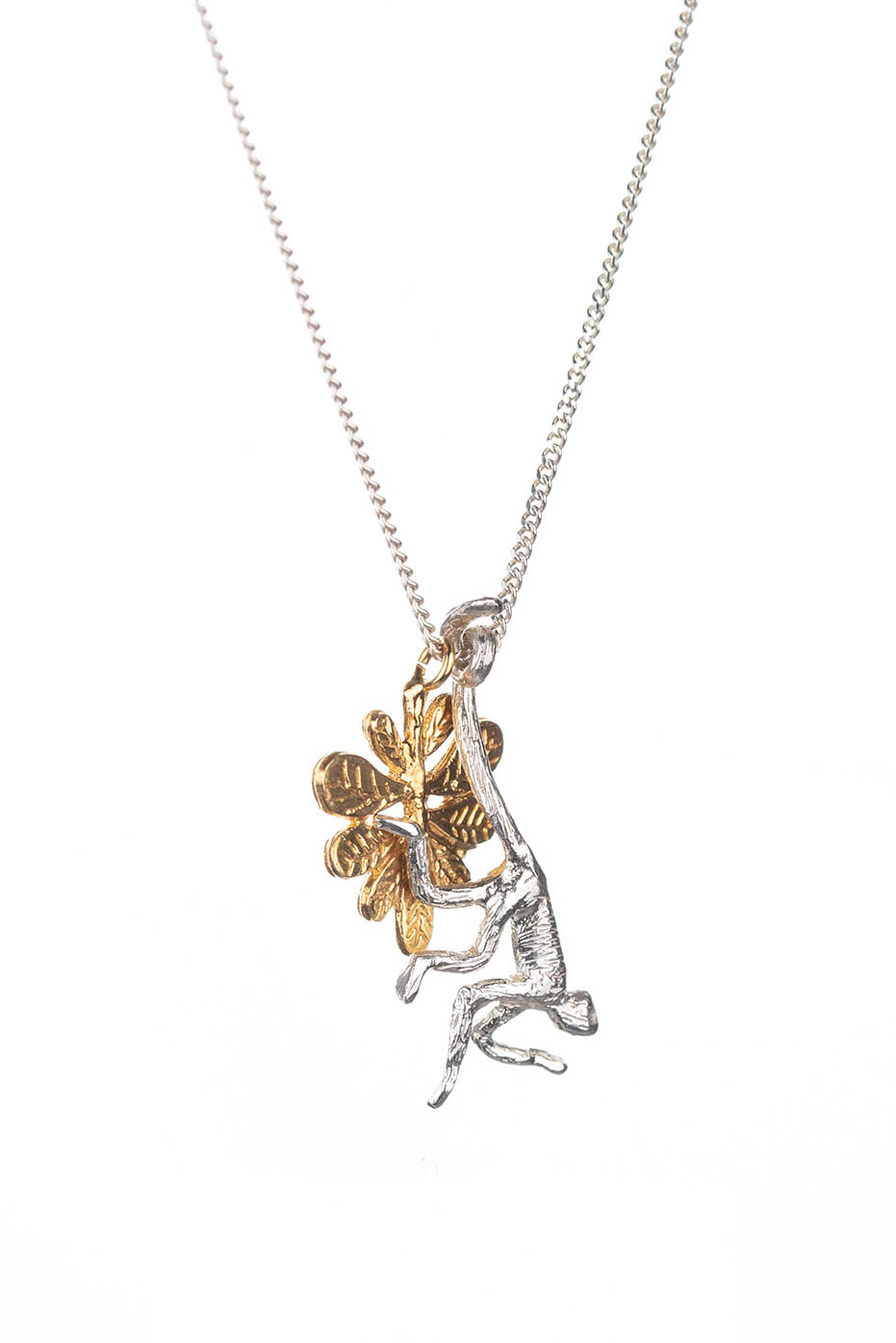 Sterling Silver Spider Monkey gold plated aralia leaf Necklace 