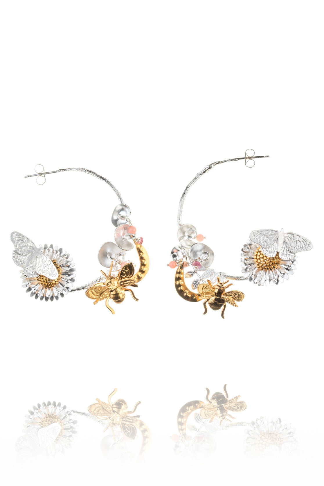 Sweet Pea, Bee, Butterfly and Daisy Statement Earrings In Sterling Silver And Gold
