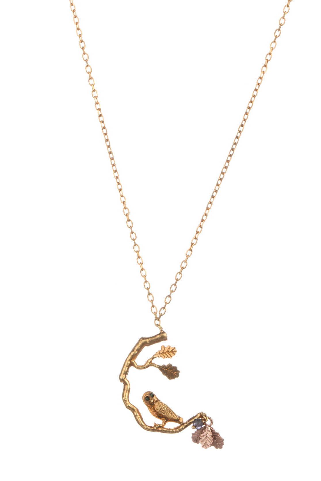 Gold vermeil with rose gold leaves Owl in Tree Pendant 