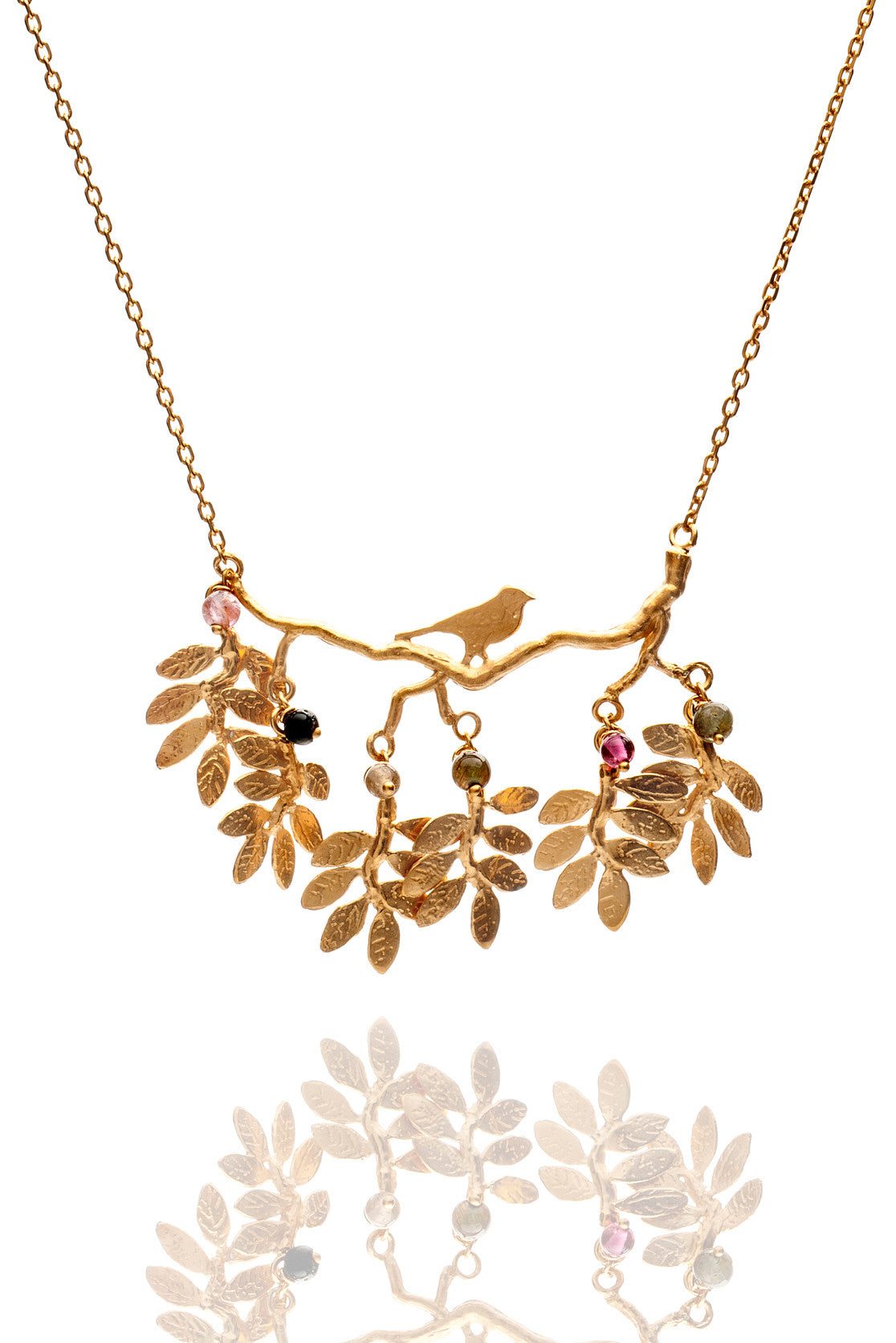 Handmade gold necklace with leaves and bird  pendant