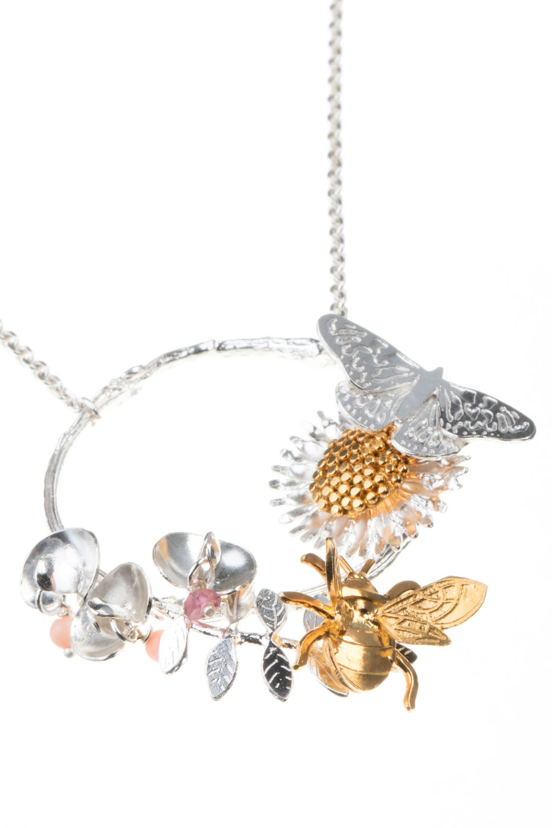 Sweet Pea, Bee, Butterfly And Daisy Statement Necklace in Sterling Silver And Goldplate